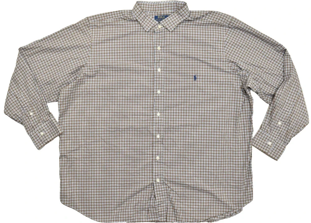 Polo Ralph Lauren Shirt 3XB Brown Blue Plaid Check 100% Cotton Stretch Long Slee